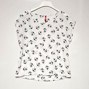 Nautical anchor graphic sleeveless top white navy blue Large beach cruise vaca